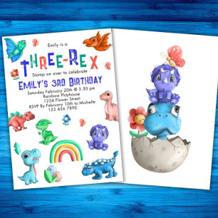 Drie-Rex Meisjes 3e Verjaardag Dinosaur Party Dino Kaart