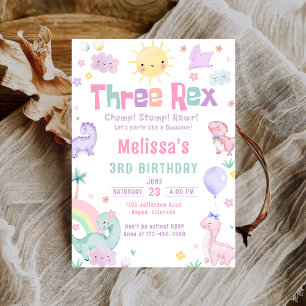 Drie Rex Pastel Dinosaurus 3e Verjaardagsfeest Kaart