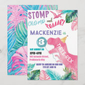 Drie-Rex Roze Meisje Dinosaurus 3e Derde Verjaarda Kaart (Voorkant / Achterkant)