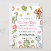 Drie Rex Uitnodiging Meisje Dinosaurus Verjaardag (Voorkant)