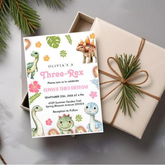 Drie Rex Uitnodiging Meisje Dinosaurus Verjaardag