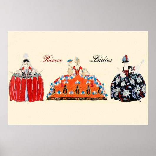 DRIE ROCOCO-DAMES, SCHOONHEID, MODE KOSTUUMONTWERP POSTER (Voorkant)