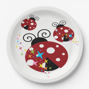 Drie rode en zwarte ladybug met sterren papieren bordje