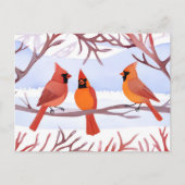 Drie rode kardinalen in besneeuwde takken feestdagenkaart (Voorkant)