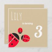 Drie rode ladybugs - verjaardagsfeest kaart (Voorkant / Achterkant)