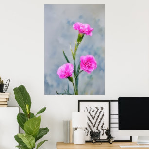 Drie Roze Anjers Bloem Tuin Kunst Poster