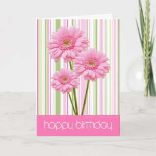 Drie roze bloemen en Stripes Birthday Kaart