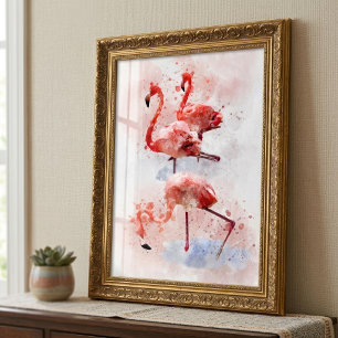 Drie Roze Flamingo's in Waterverf Kunstprint Foto Afdruk