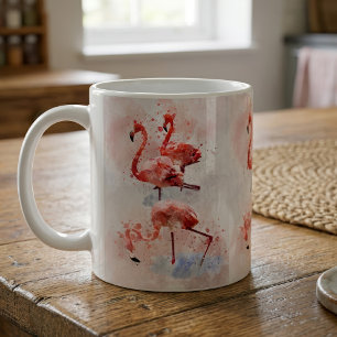Drie Roze Flamingo's in Waterverf Kunstprint Koffiemok