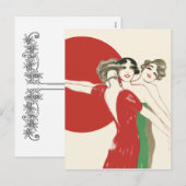 DRIE ROZEN, Art Deco Dames: KERSTVAKANTIE Feestdagenkaart (Voorkant / Achterkant)