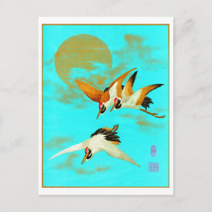 Drie sarus kraan vliegen voor de maan briefkaart