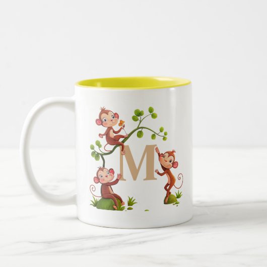 Drie schattige apen en monogrammok tweekleurige koffiemok (Links)