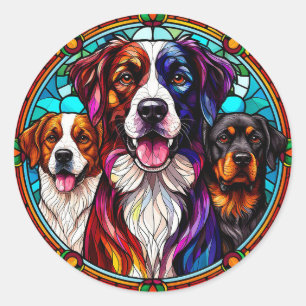 Drie Schattige Honden Glas-in-Lood Stijl Portret Ronde Sticker
