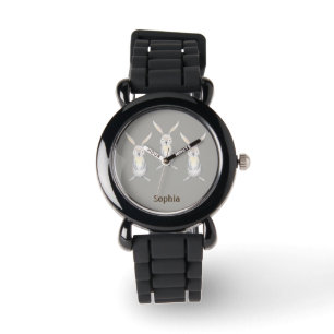 Drie Schattige Konijnen op Zilveren Gepersonalisee Horloge