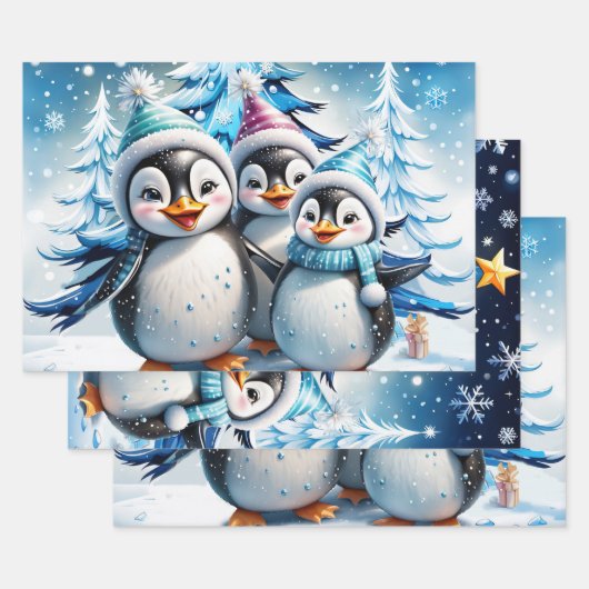 Drie schattige pinguïns inpakpapier vel (Set)