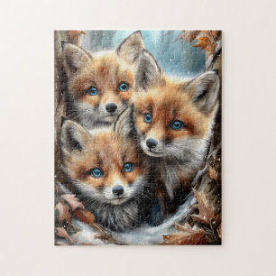 Drie schattige vosjes in het bos legpuzzel