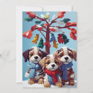 Drie Schattigee gevulde puppy poppen: Schattige gr Feestdagenkaart