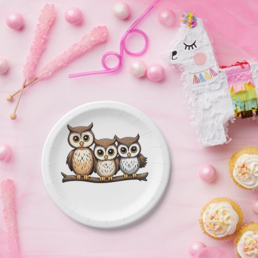 Drie Schattigee kleine uil Papieren Bordje (Feest)