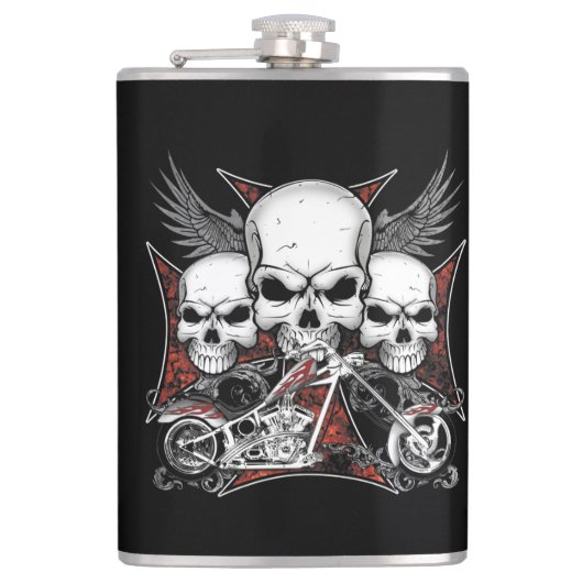 Drie schedel met de Rode Chopper-motor Heupfles (Voorkant)