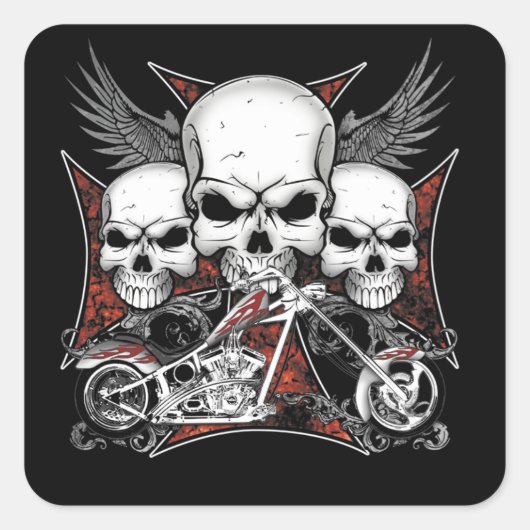 Drie schedel met de Rode Chopper-motor Vierkante Sticker (Voorkant)
