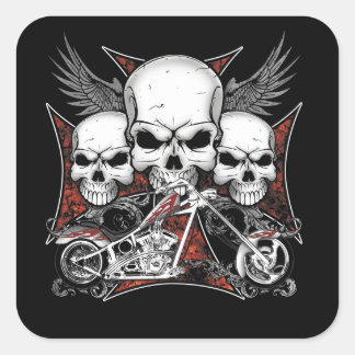 Drie schedel met het Rood Chopper Motorcycle Squar Vierkante Sticker