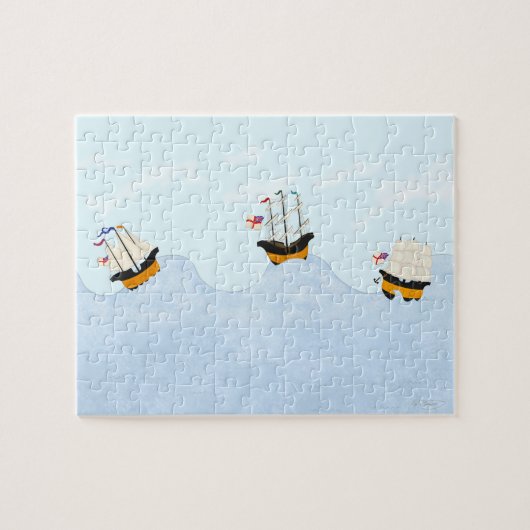 Drie Schepen die op het Rollende Kind van het Zee  Legpuzzel (Horizontaal)