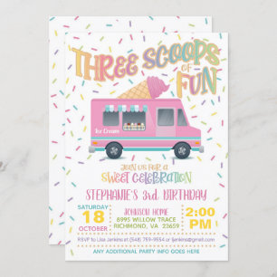 Drie Scoops of Fun Ice Cream Birthday Uitnodiging
