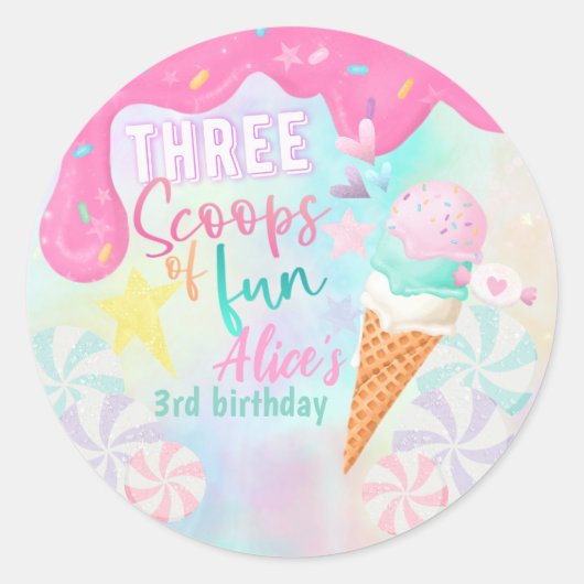 Drie scoops van plezier ronde sticker (Voorkant)