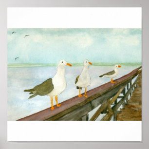 Drie Seagulls op Railing Poster