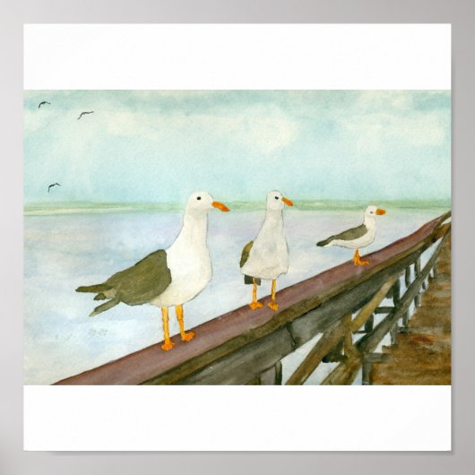 Drie Seagulls op Railing Poster (Voorkant)