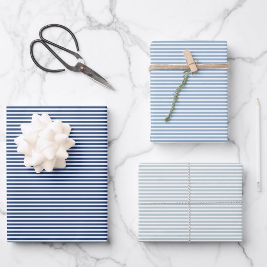 Drie Shades of Blue Stripes Inpakpapier Vel (Voorkant)