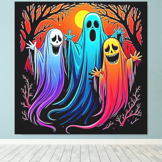 Drie Spooky Halloween Ghosts Design Canvas Afdruk (Insitu (Houten vloer))