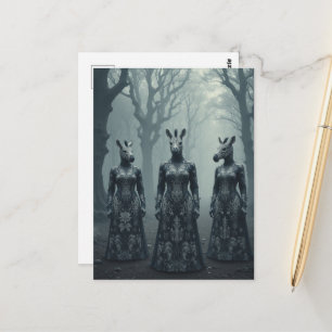 Drie surreële vrouwen met zebra hoofden in het bos briefkaart