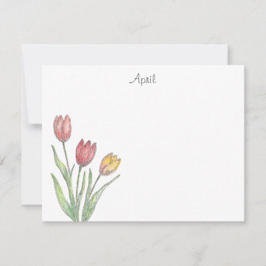 Drie tulpen gekleurd potlood, pen & inkt schets notitiekaartje (Voorkant)