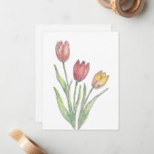 Drie tulpen gekleurd potlood, pen & inkt schets notitiekaartje (Voorkant / Achterkant in situ)