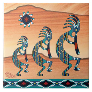 Drie Turquoise Kokopelli-keramische tegel Tegeltje