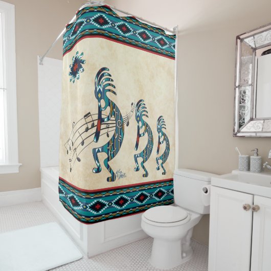 Drie Turquoise Kokopelli Shower Curtain Douchegordijn (In situ)
