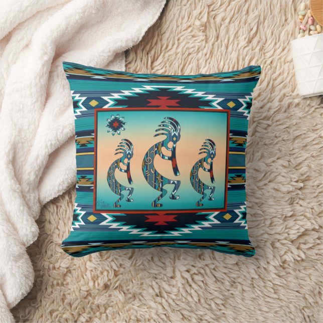 Drie Turquoise Kokopelli Sierkussen (Deken)