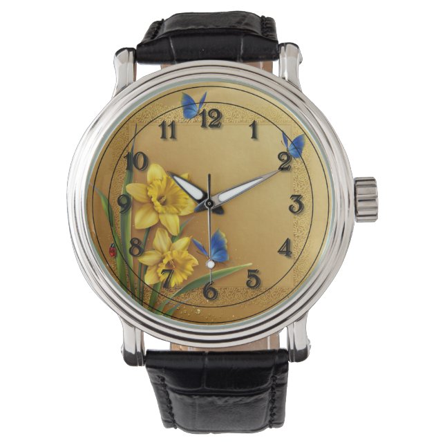 Drie vlinders en narcissen horloge (Voorkant)