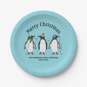 Drie Vrolijke Kerstpinguïns Met Aangepaste Tekst Papieren Bordje