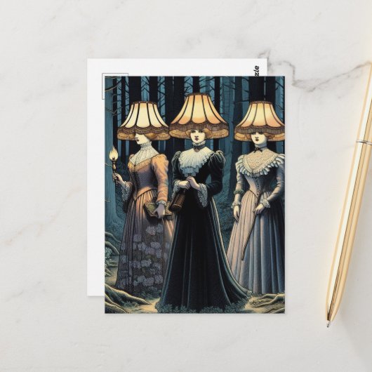 Drie vrouwen in het bos met lampenkap Petten Briefkaart (Voorkant / Achterkant in situ)