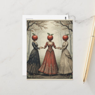 Drie vrouwen met appel hoofden dansen in het bos briefkaart