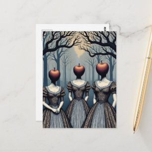 Drie vrouwen met appel hoofden in het bos briefkaart