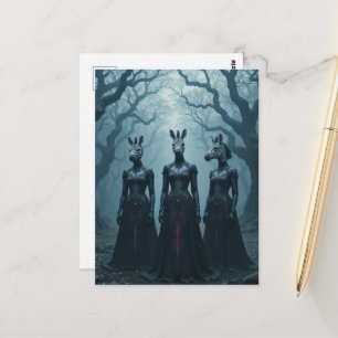 Drie vrouwen met zebra hoofden in het bos briefkaart