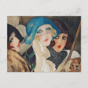 Drie vrouwen onder een paraplu briefkaart