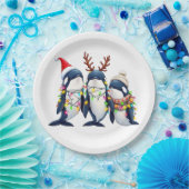 Drie walvissen dragen kerstmuts papieren bordje (Feest)