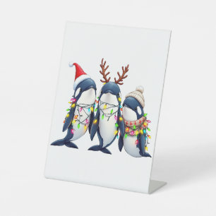 Drie walvissen dragen kerstmuts reclamebord met voetstuk