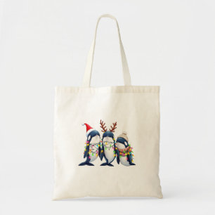 Drie walvissen dragen kerstmuts tote bag