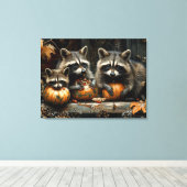 Drie Wasberen en Pompoenen Herfst 32x24 Canvas Afdruk (Insitu (Houten vloer))