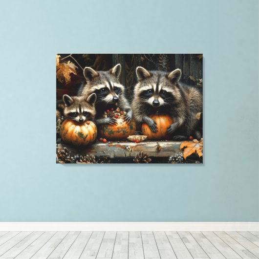 Drie Wasberen en Pompoenen Herfst 32x24 Canvas Afdruk (Insitu (Houten vloer))